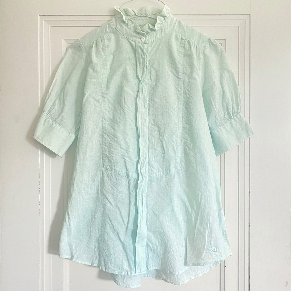 MiH Jeans Ruffle-Collared Cotton Blouse Mint Green Sz 2